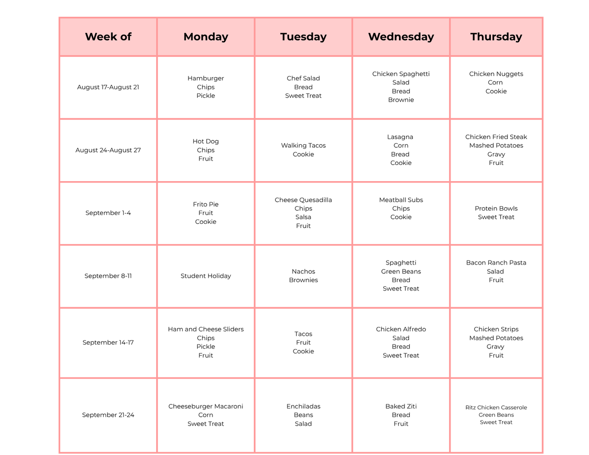 TCA Meals for the Month of August