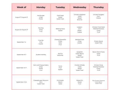 TCA Meals for the Month of August