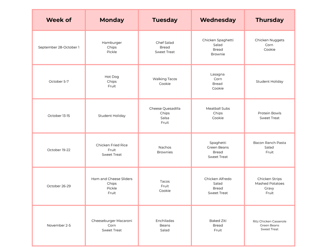 TCA Meals for Semester 1