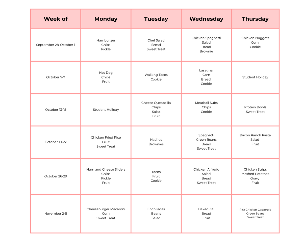 TCA Meals for Semester 1