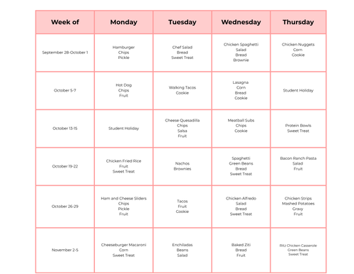 TCA Meals for Semester 1