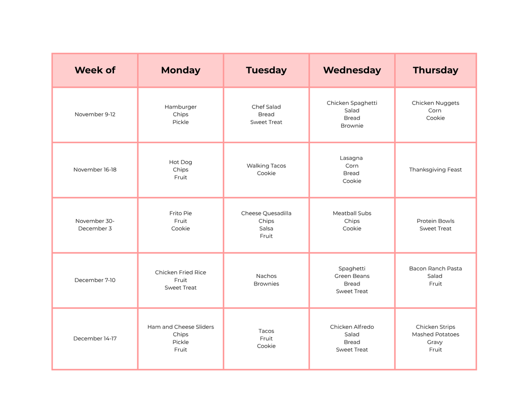TCA Meals for Semester 1