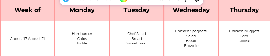Trinity Christian Student Lunches-August